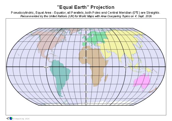 Some Facts of the Graticule
poles are mapped as straight lines parallel to the equator
equator, parallels and poles are straight lines and parallel
central meridian is a straight line
equator is NOT equidistant